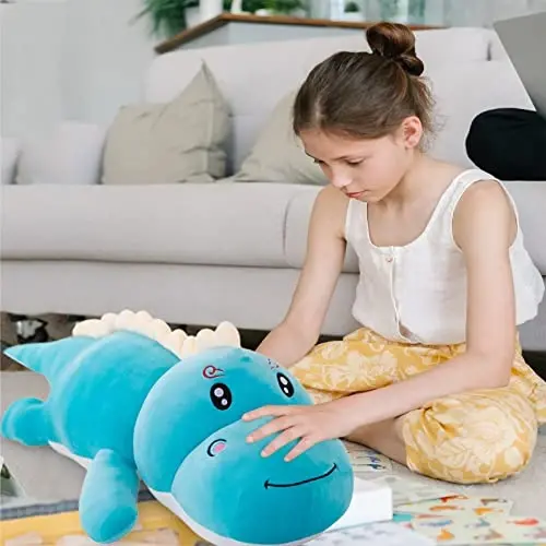 Soft Dinosaur Plush Toy Pillow, Cute Stuffed Animals Doll, Lumbar Back Cushion, Great Gift for Kids Birthday, Valentine (Blue, 31.4in) - 2