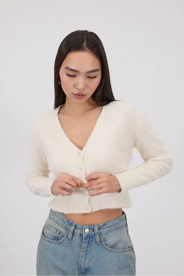 Yumuşak Dokulu Düğmeli Crop Hırka H3339-A2-Taş - 1