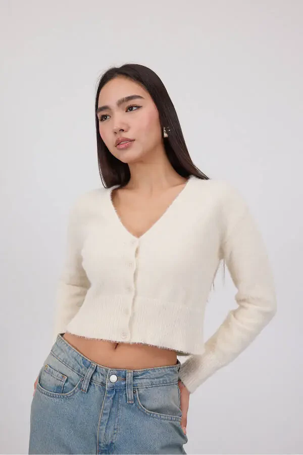 Yumuşak Dokulu Düğmeli Crop Hırka H3339-A2-Taş - 2