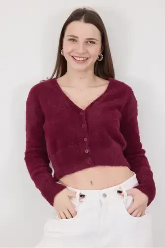 Yumuşak Dokulu Düğmeli Crop Hırka H3339-A2-S.BORDO - 3