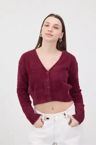Yumuşak Dokulu Düğmeli Crop Hırka H3339-A2-S.BORDO - 5