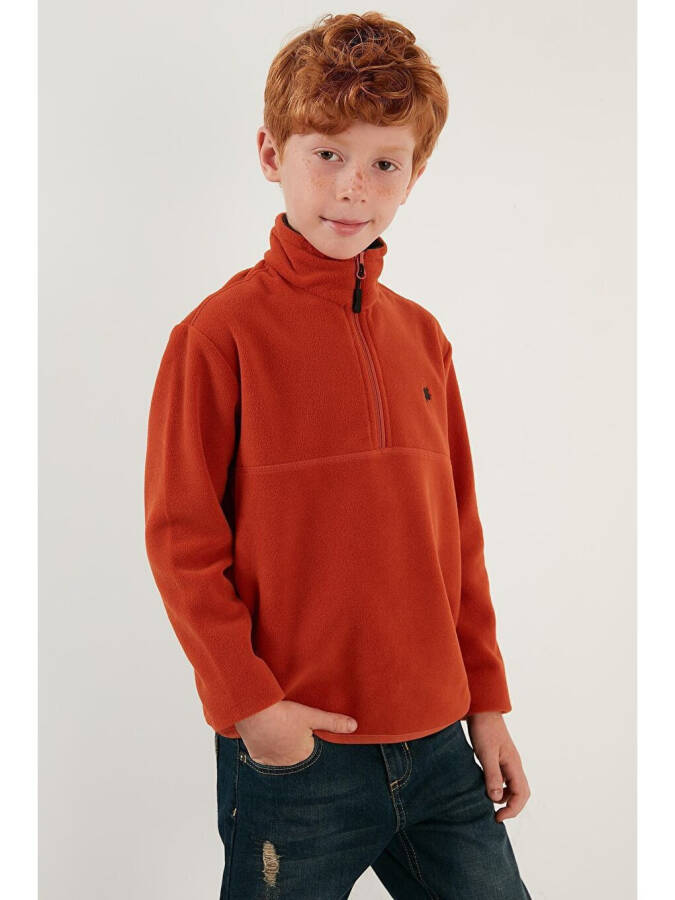 Turuncu Yumuşak Dokulu Fermuarlı Dik Yaka Şardonlu Kışlık Polar 5905002-Turuncu - 11