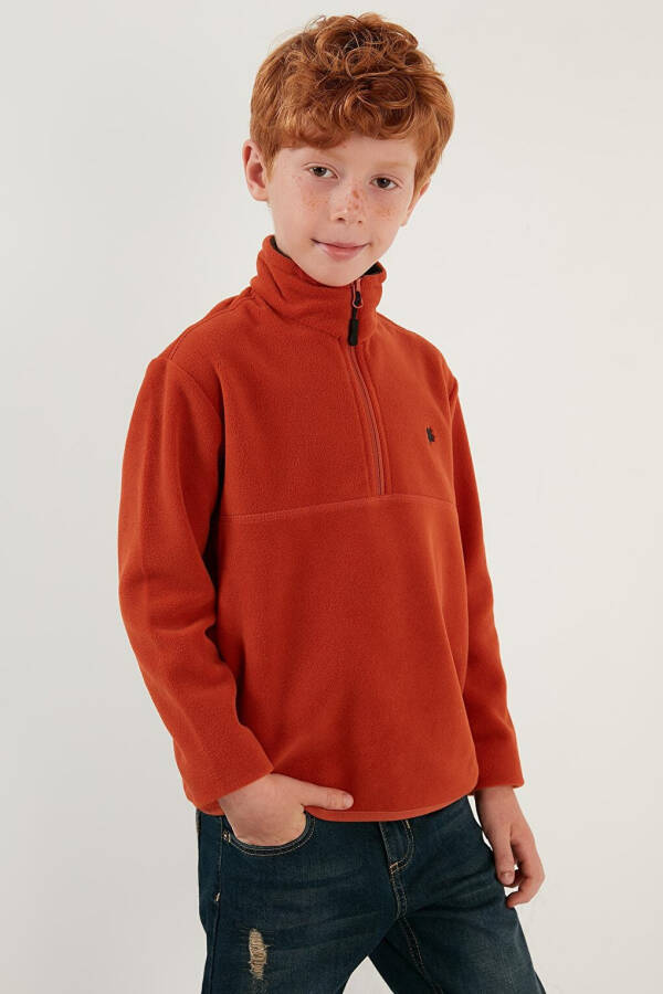 Turuncu Yumuşak Dokulu Fermuarlı Dik Yaka Şardonlu Kışlık Polar 5905002-Turuncu - 35