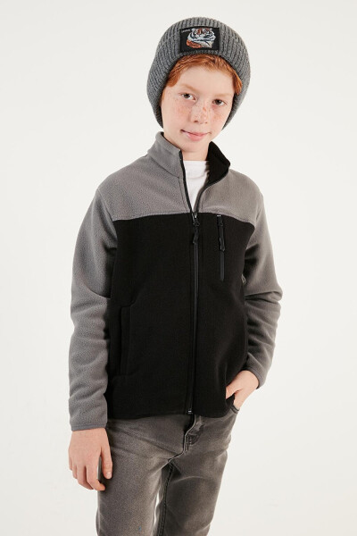 Gri Yumuşak Dokulu Fermuarlı Renk Bloklu Dik Yaka Cepli Polar 5905001-Gri - 22