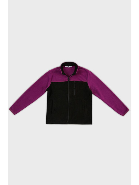 Mor Yumuşak Dokulu Fermuarlı Renk Bloklu Dik Yaka Cepli Polar 5905001-Mor - 7