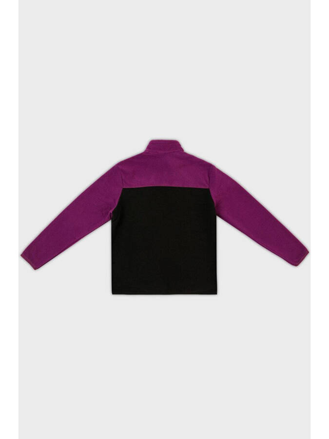 Mor Yumuşak Dokulu Fermuarlı Renk Bloklu Dik Yaka Cepli Polar 5905001-Mor - 3