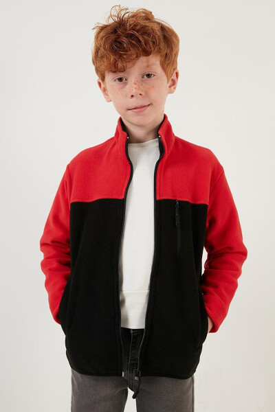 Kırmızı Yumuşak Dokulu Fermuarlı Renk Bloklu Dik Yaka Cepli Polar 5905001-Kırmızı - 17