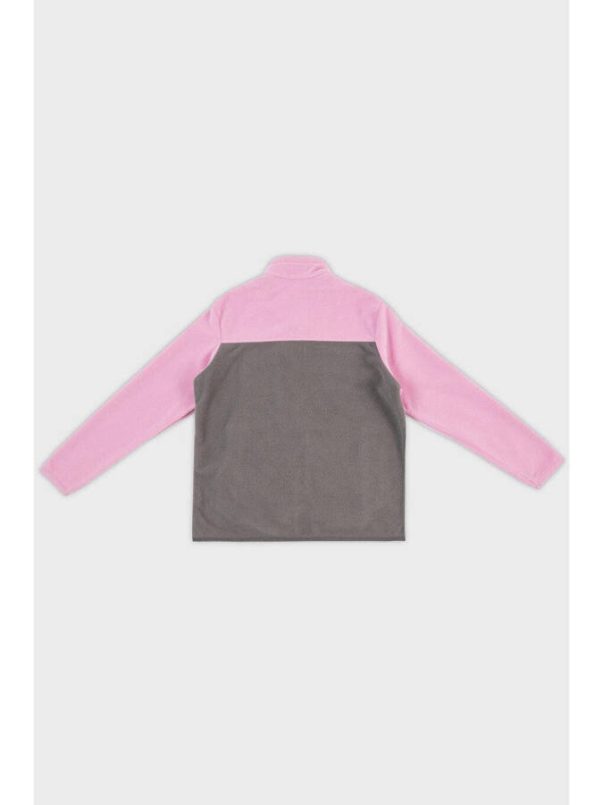 Pembe Yumuşak Dokulu Fermuarlı Renk Bloklu Dik Yaka Cepli Polar 5905001-Pembe - 9
