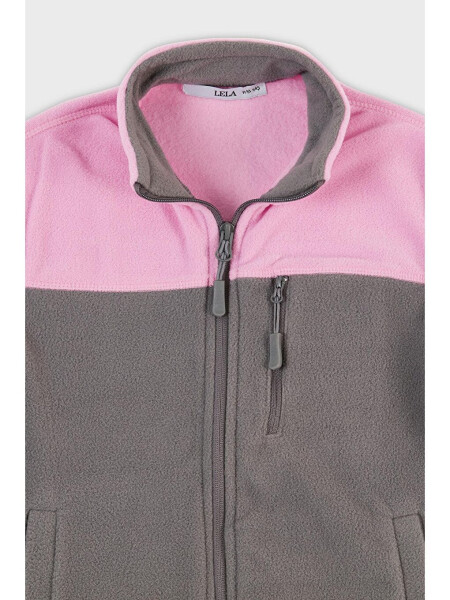 Pembe Yumuşak Dokulu Fermuarlı Renk Bloklu Dik Yaka Cepli Polar 5905001-Pembe - 5