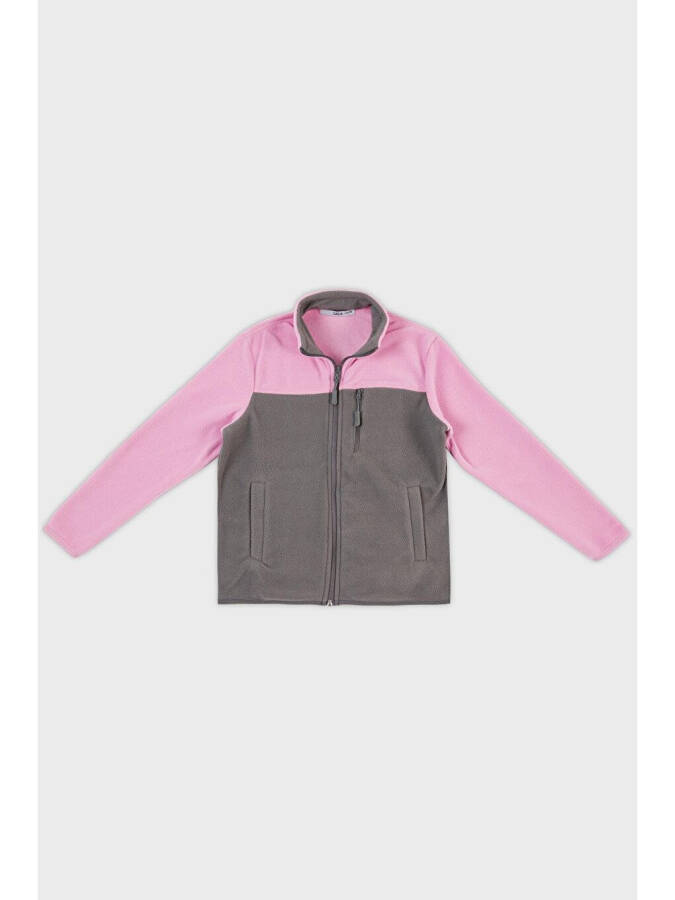 Pembe Yumuşak Dokulu Fermuarlı Renk Bloklu Dik Yaka Cepli Polar 5905001-Pembe - 1