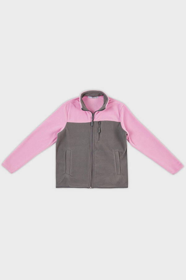 Pembe Yumuşak Dokulu Fermuarlı Renk Bloklu Dik Yaka Cepli Polar 5905001-Pembe - 13