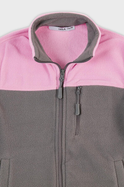 Pembe Yumuşak Dokulu Fermuarlı Renk Bloklu Dik Yaka Cepli Polar 5905001-Pembe - 14