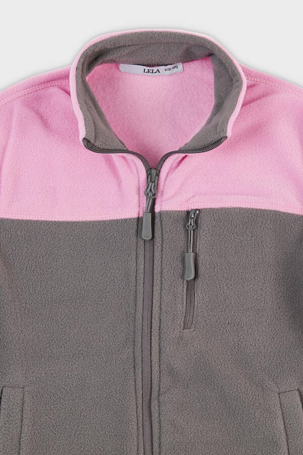 Pembe Yumuşak Dokulu Fermuarlı Renk Bloklu Dik Yaka Cepli Polar 5905001-Pembe - 11