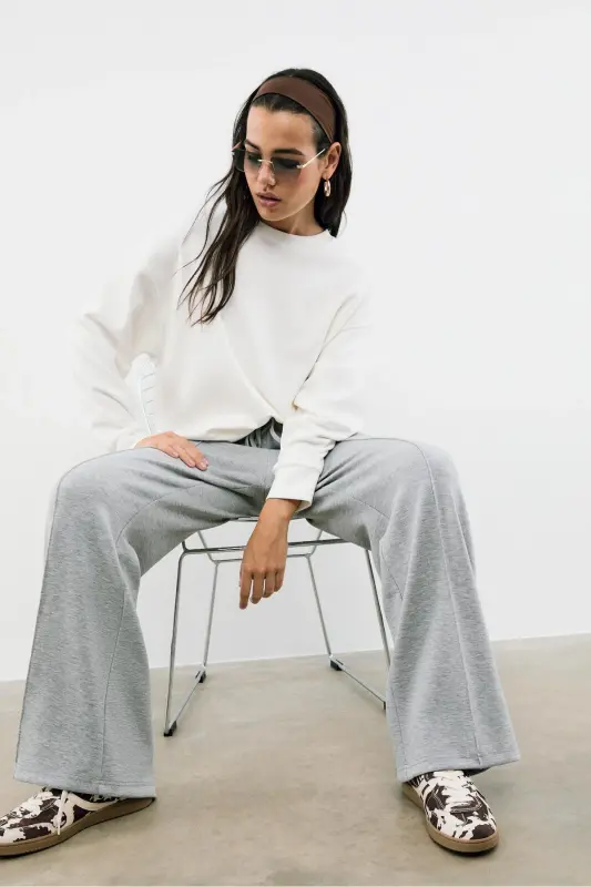 Yumuşak Dokulu Geniş Paça Nervürlü Pantolon-Açık gri - 2