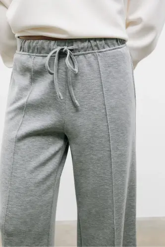 Yumuşak Dokulu Geniş Paça Nervürlü Pantolon-Açık gri - 4