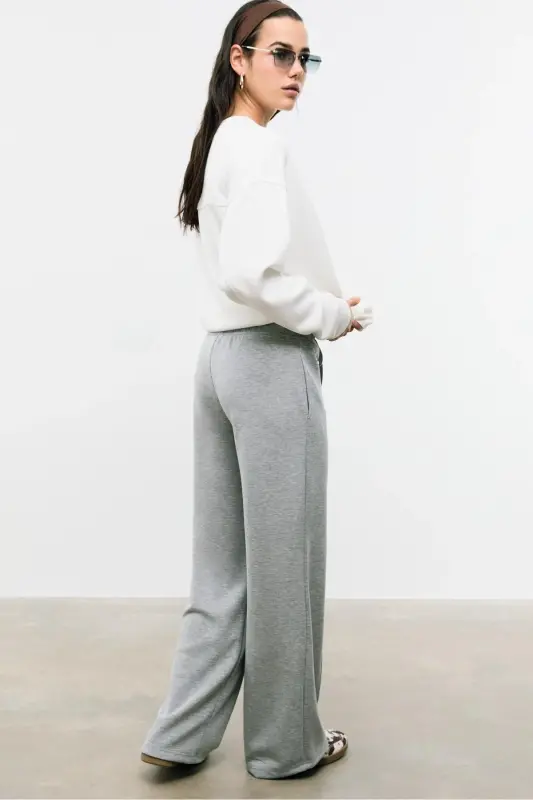 Yumuşak Dokulu Geniş Paça Nervürlü Pantolon-Açık gri - 5
