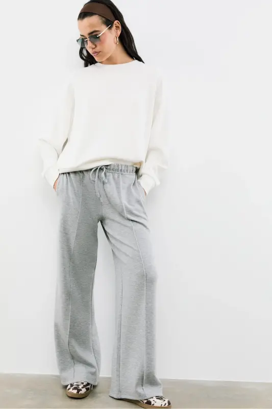 Yumuşak Dokulu Geniş Paça Nervürlü Pantolon-Açık gri - 1
