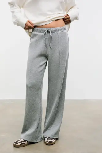 Yumuşak Dokulu Geniş Paça Nervürlü Pantolon-Açık gri - 3