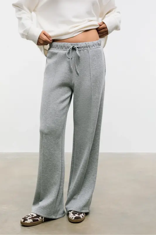 Yumuşak Dokulu Geniş Paça Nervürlü Pantolon-Açık gri - 3