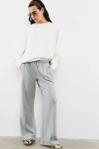 Yumuşak Dokulu Geniş Paça Nervürlü Pantolon-Açık gri 