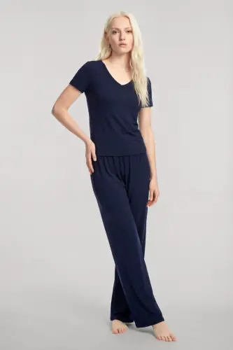 Yumuşak Dokulu Minimal V Yaka Üst Lacivert - 1