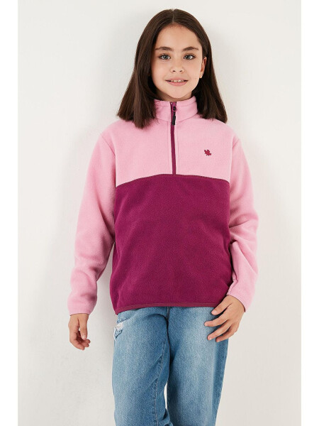 Pembe Yumuşak Dokulu Yarım Fermuarlı Renk Bloklu Dik Yaka Polar 5905004-Pembe - 13
