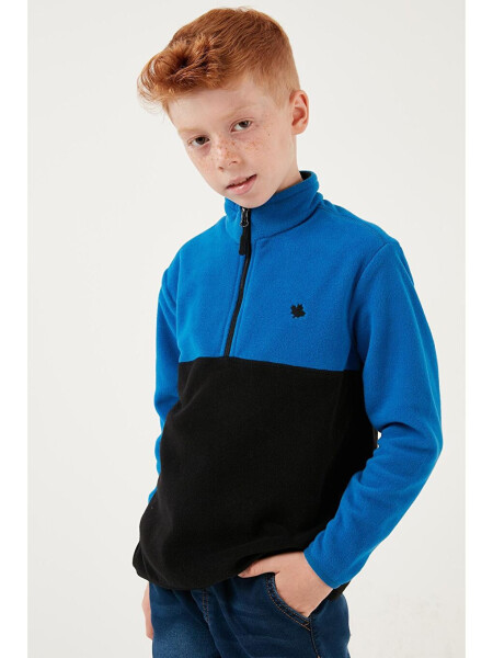 Mavi Yumuşak Dokulu Yarım Fermuarlı Renk Bloklu Dik Yaka Polar 5905004-Mavi - 9