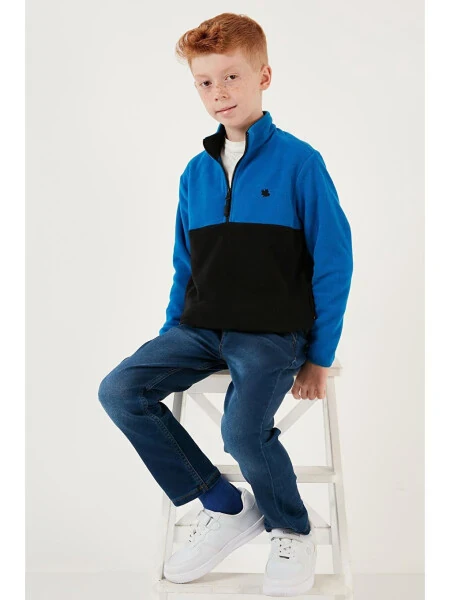 Yumuşak Dokulu Yarım Fermuarlı Renk Bloklu Dik Yaka Polar 5905004-Mavi - LELA