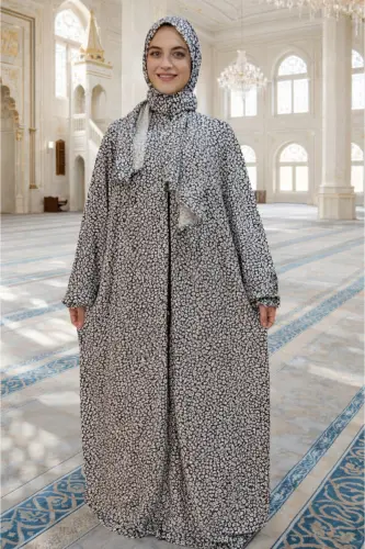 Yumuşak ve Pamuklu Kumaştan, Çiçek Desenli, Kolay Giyilir ve Pratik, Çantalı Siyah Namaz Elbisesi-SİYAH - 1