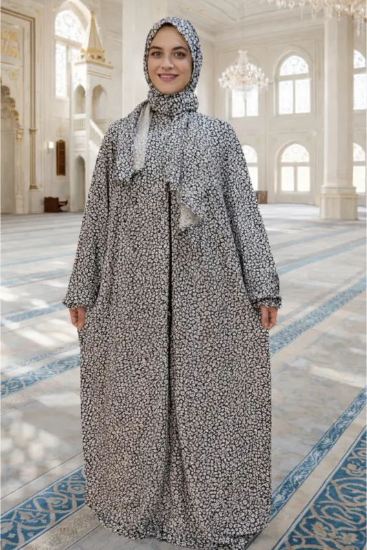 Yumuşak ve Pamuklu Kumaştan, Çiçek Desenli, Kolay Giyilir ve Pratik, Çantalı Siyah Namaz Elbisesi-SİYAH - LAGOM