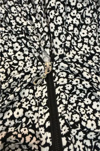 Yumuşak ve Pamuklu Kumaştan, Çiçek Desenli, Kolay Giyilir ve Pratik, Çantalı Siyah Namaz Elbisesi-SİYAH - 3