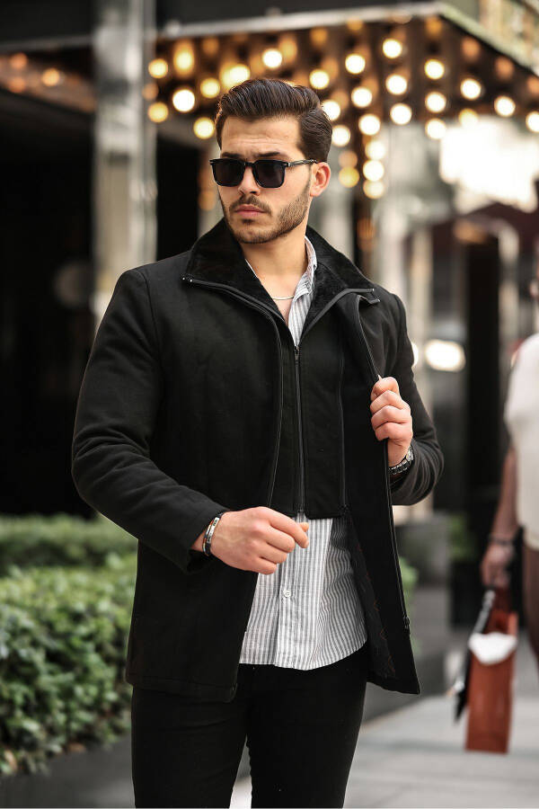 Erkek Yün Karışımlı Çift Yaka Kürklü Önü Fermuarlı Iç Kısmı Kapitone Astarlı Kaşe Kaban-siyah - 1