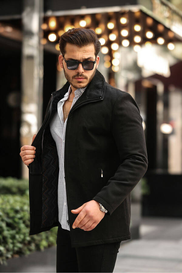 Erkek Yün Karışımlı Çift Yaka Kürklü Önü Fermuarlı Iç Kısmı Kapitone Astarlı Kaşe Kaban-siyah - 2