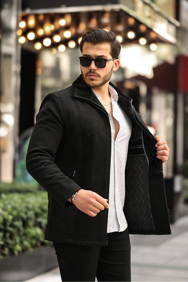 Erkek Yün Karışımlı Çift Yaka Kürklü Önü Fermuarlı Iç Kısmı Kapitone Astarlı Kaşe Kaban-siyah - 3