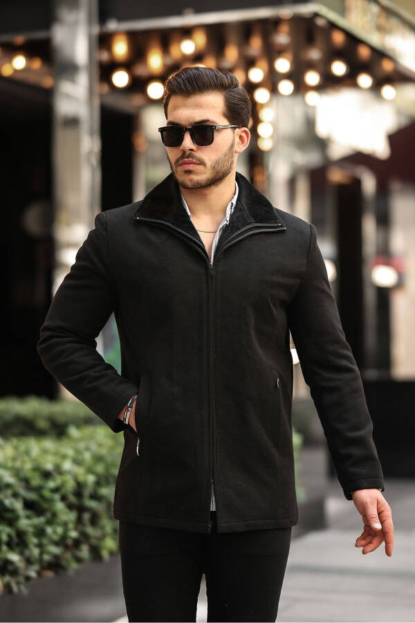 Erkek Yün Karışımlı Çift Yaka Kürklü Önü Fermuarlı Iç Kısmı Kapitone Astarlı Kaşe Kaban-siyah - 4