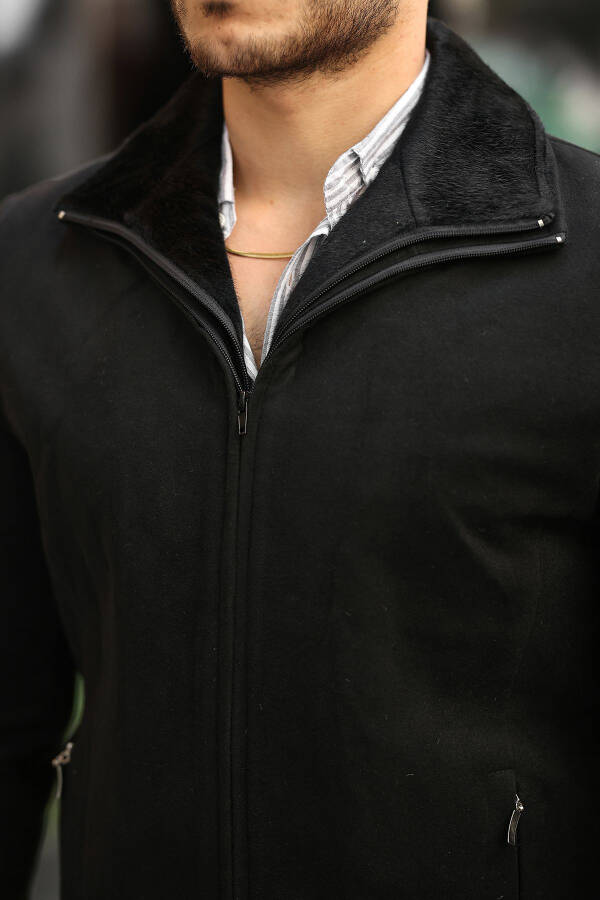 Erkek Yün Karışımlı Çift Yaka Kürklü Önü Fermuarlı Iç Kısmı Kapitone Astarlı Kaşe Kaban-siyah - 5