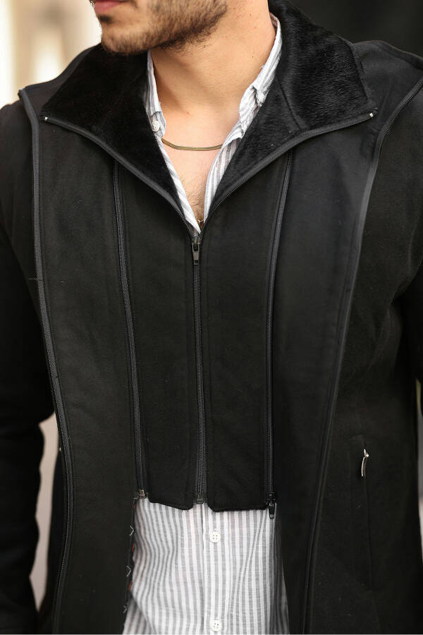 Erkek Yün Karışımlı Çift Yaka Kürklü Önü Fermuarlı Iç Kısmı Kapitone Astarlı Kaşe Kaban-siyah - 6