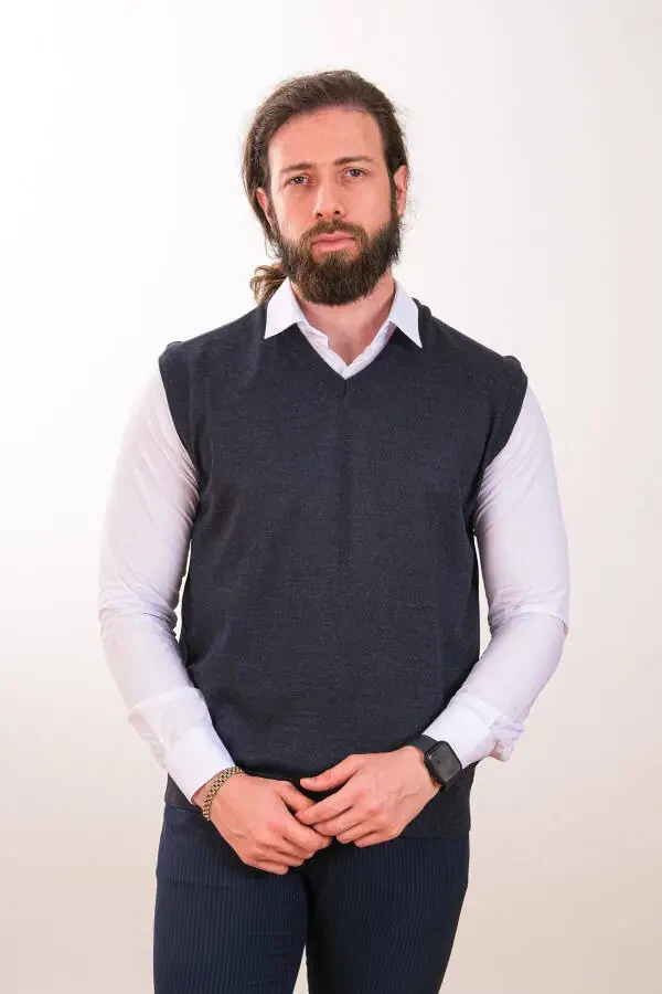 Yünlü Kolsuz Triko Süveter-İndigo - 1