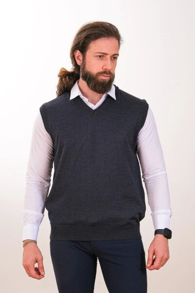 Yünlü Kolsuz Triko Süveter-İndigo - 3