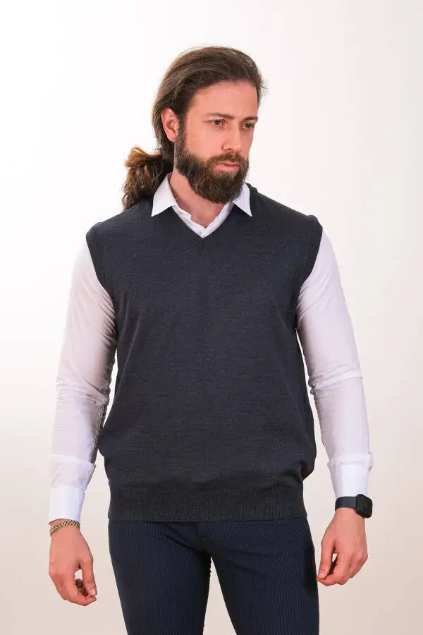 Yünlü Kolsuz Triko Süveter-İndigo - 3