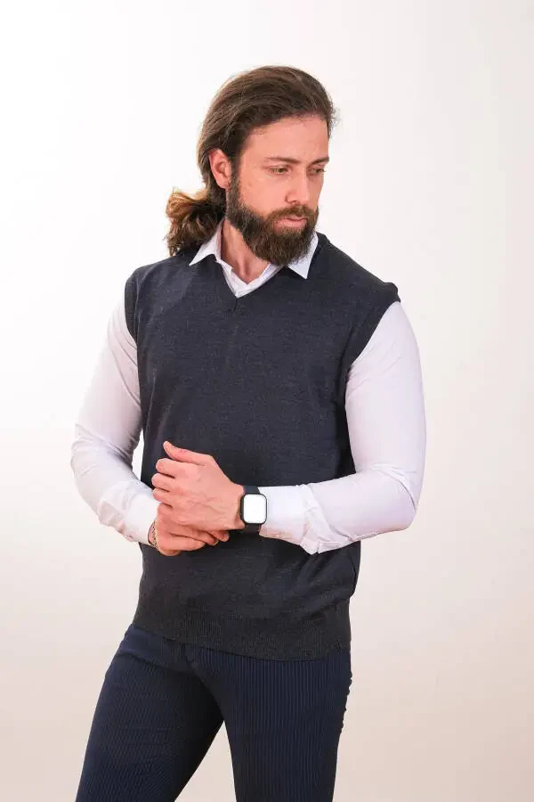 Yünlü Kolsuz Triko Süveter-İndigo - 4