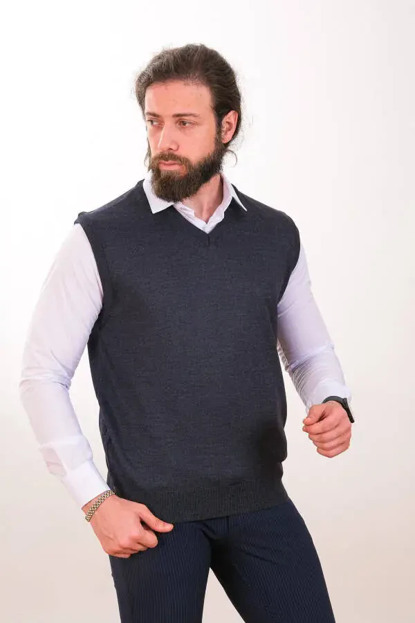 Yünlü Kolsuz Triko Süveter-İndigo - 5