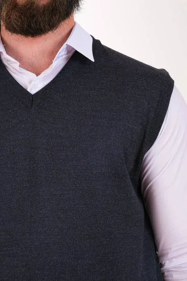 Yünlü Kolsuz Triko Süveter-İndigo - 8