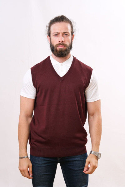 Yünlü Kolsuz Triko Süveter - Bordo-Bordo 