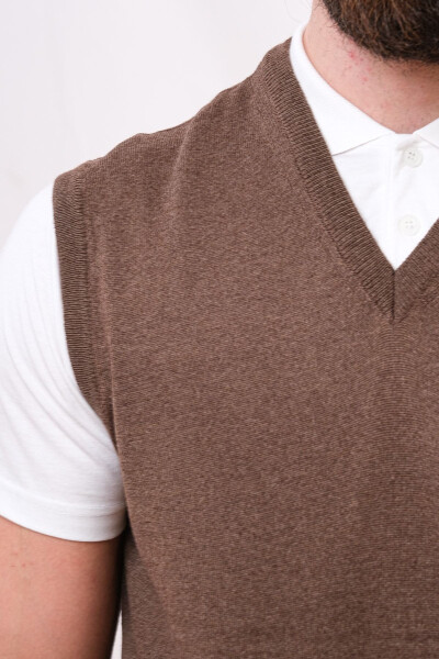 Yünlü Kolsuz Triko Süveter - Kahverengi-Kahverengi - 4