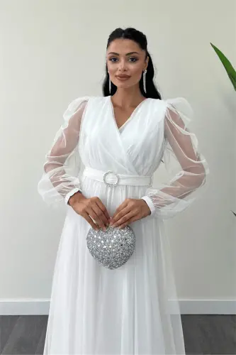 Yupqa mato krujeva yoqali uzun ko'ylak - OQ - 3