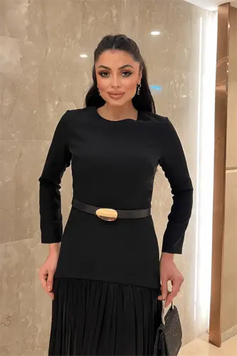 Yuqori atlas, pastki shifon matoli ko'ylak - QORA - 4