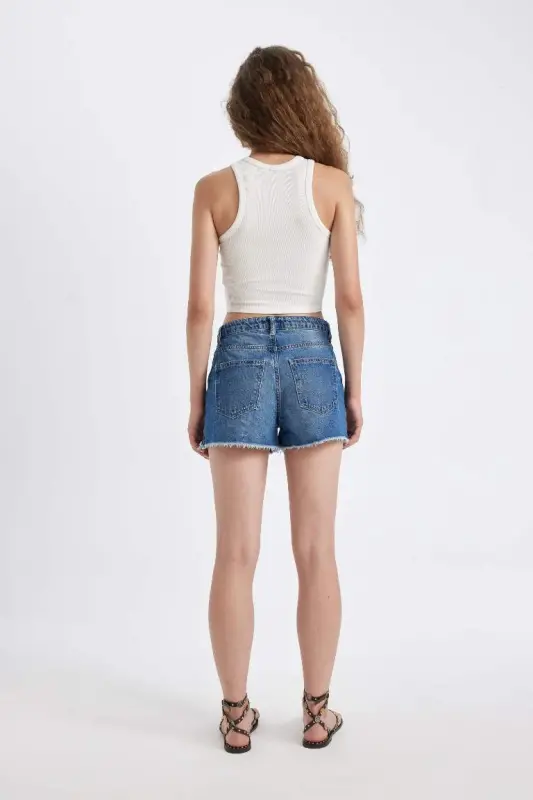 Yuqori Bel Kesik Uchi Paça Jinsi Short-To'q Moviy - 2
