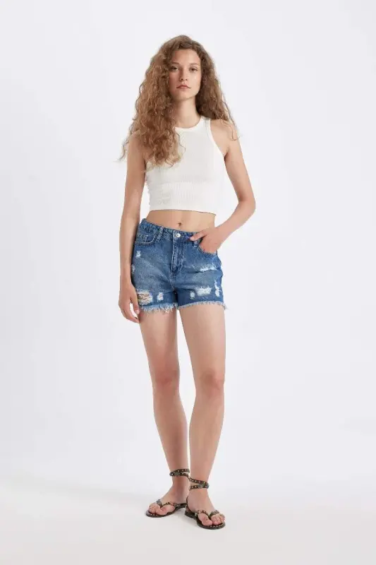 Yuqori Bel Kesik Uchi Paça Jinsi Short-To'q Moviy - 4