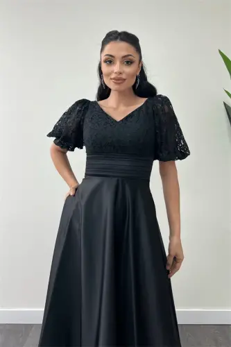 Yuqori dantelli, pastki atlasli, detallashgan midi ko'ylak - QORA - 3